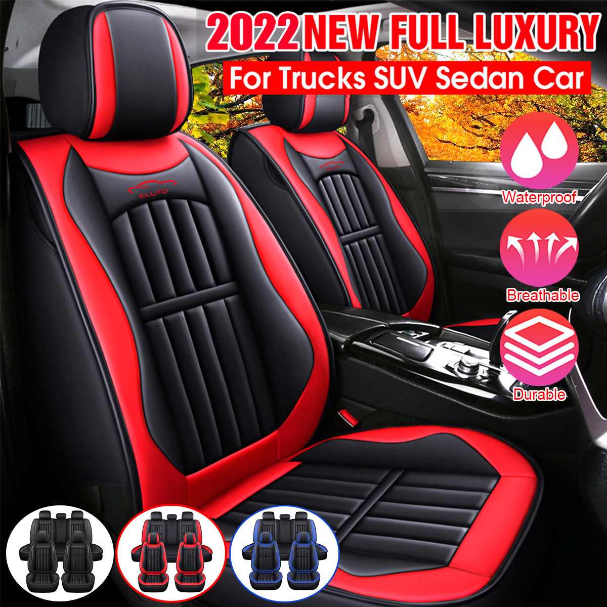 11PCS 5 Sitze Autositzbezüge inkl. Schutz Kissen Deluxe aus Leder Vorne + Hinten Komplettes Set