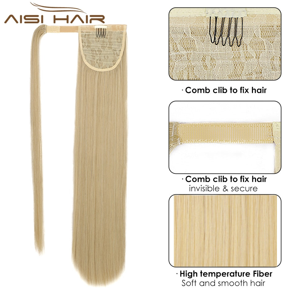 AISI HAIR Synthetische Lange Gerade Pferdeschwanzverlängerung, Blond Wrap Around Pferdeschwanz Clip in Haarteil