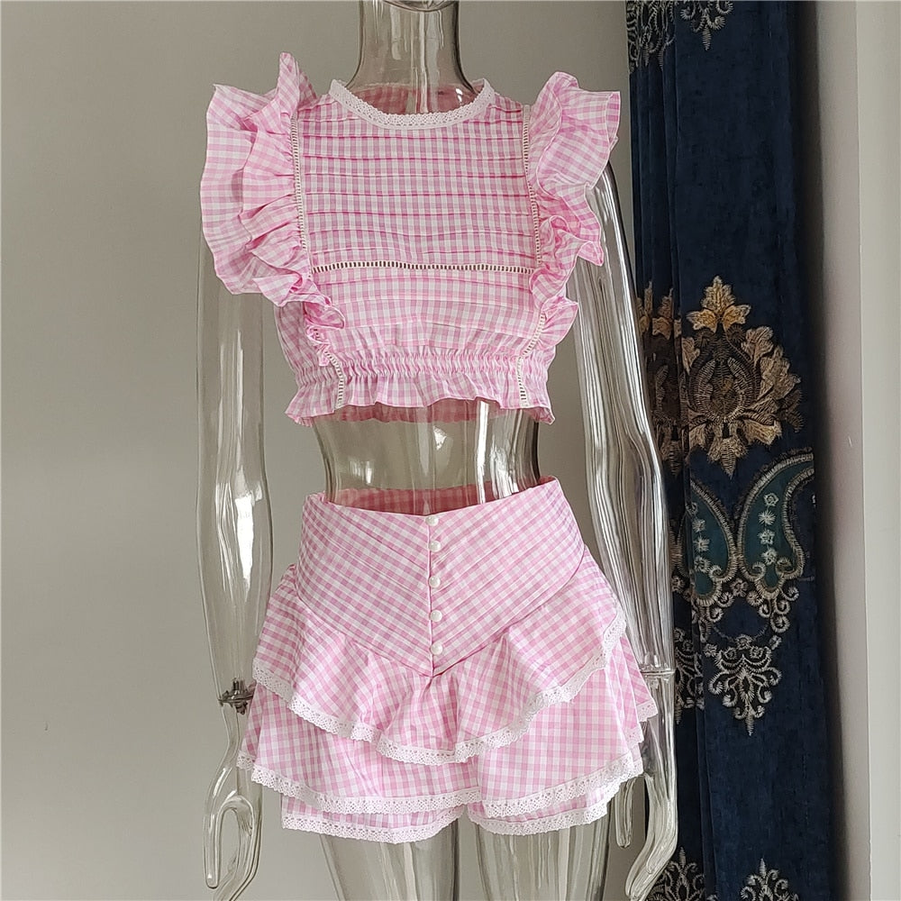 Hohe Qualität 2023 Sunday-Set elastischer Bund, Kurz geschnittenes Oberteil mit Rüschendetail und Mini-Shorts-Röcken