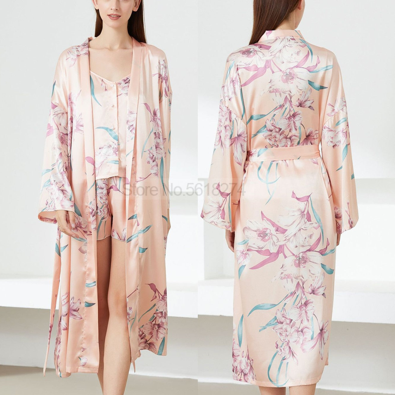 Sexy Damen Satin Kimono Kleid, Robe Anzug Nachtwäsche