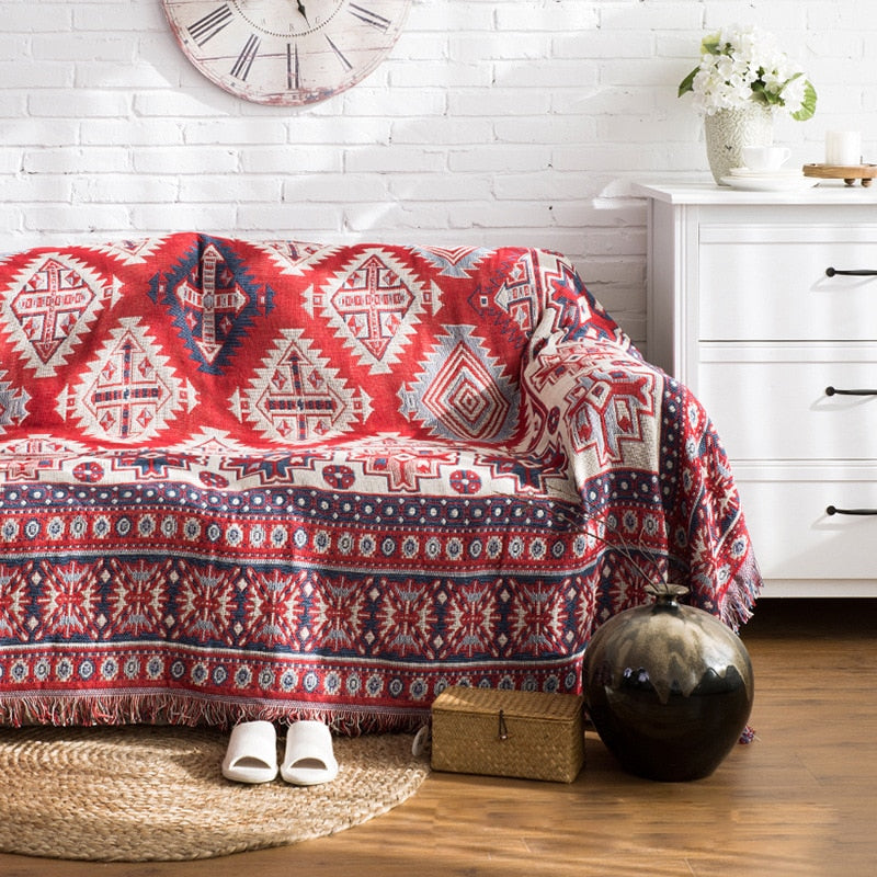 Sofa-Überwurfdecke im europäischen Stil, Baumwollfaden, gestrickte Decke mit Quastengeometrie