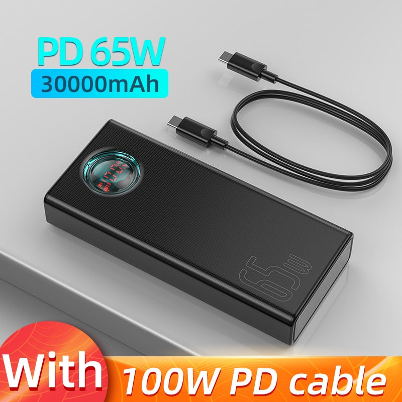Baseus 65W Power Bank 30000mAh PD Schnellladung, Tragbares externes Schnellladegerät für Tablet & Smartphone