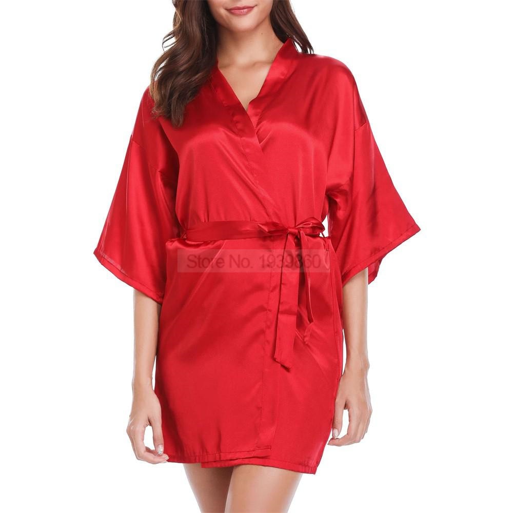 Silky Satin Women Robe Solid Color Kimono Bathrobes Home Dressing Gown Short Nightgown Summer V-Neck Sleepwear Lingerie