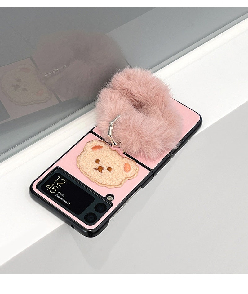 Plüsch Pink Bear passend für Samsung Galaxy zflip3 Handyhülle, Herbst- und Winterhand zflip Ring Handyhüllen