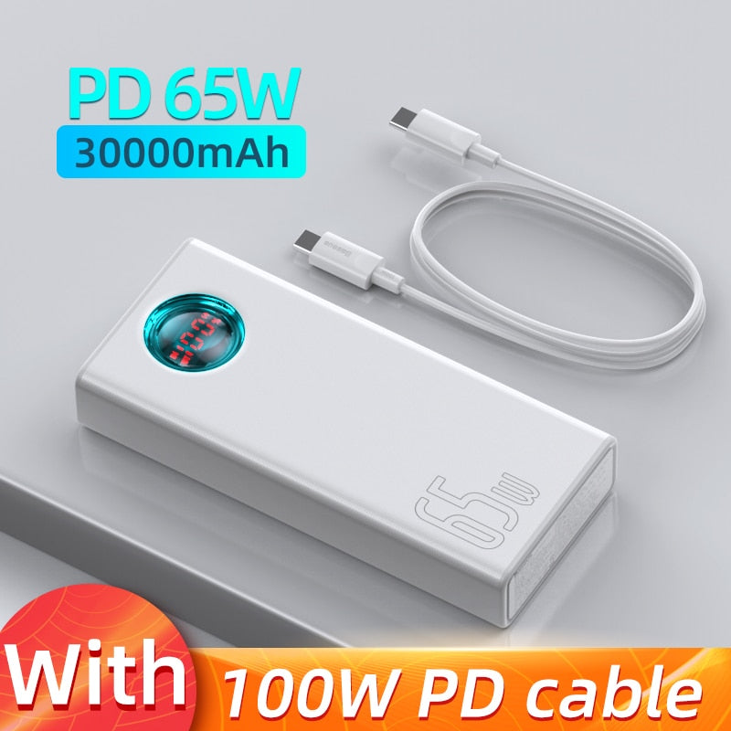 Baseus 65W Power Bank 30000mAh PD Schnellladung, Tragbares externes Schnellladegerät für Tablet & Smartphone