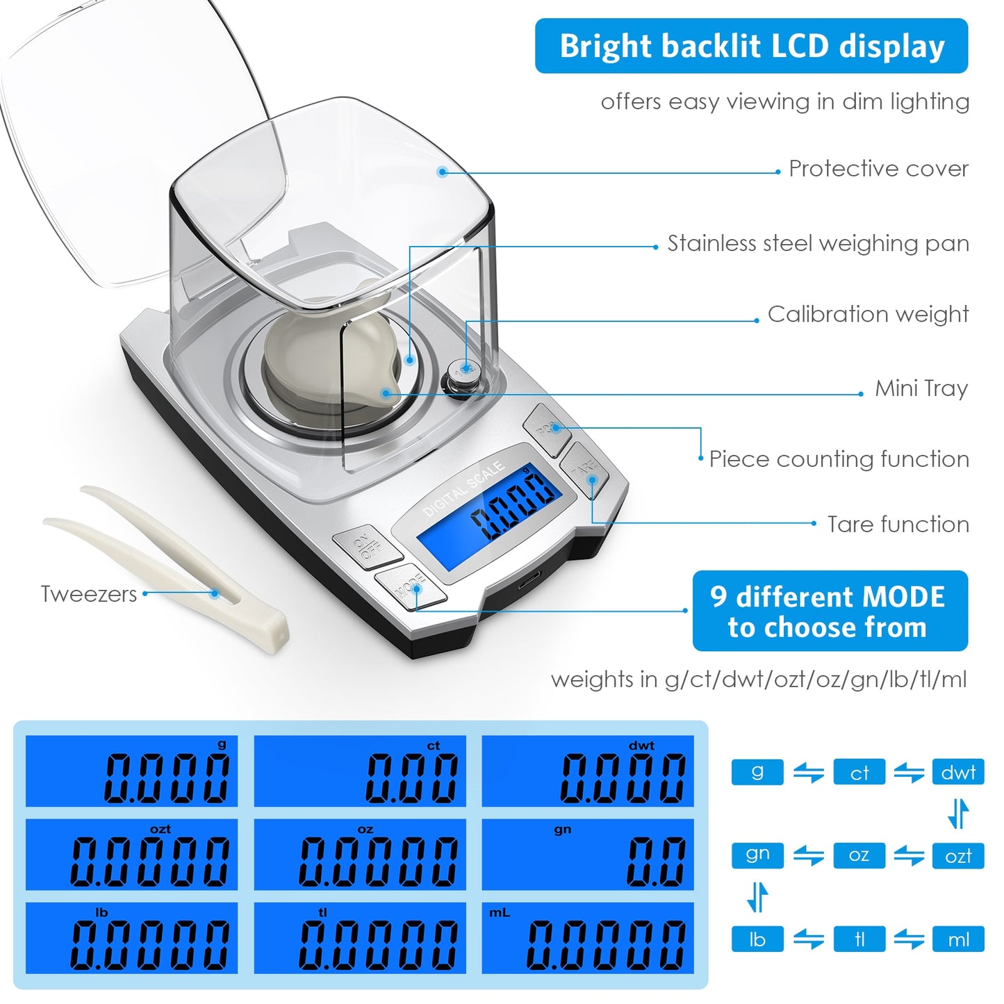 0,001 g Präzisions-Elektronikwaage 100 g / 50 g USB-Lade-Digital-Wäge-Schmuckwaage Tragbare Laborgewichts-Milligramm-Waage