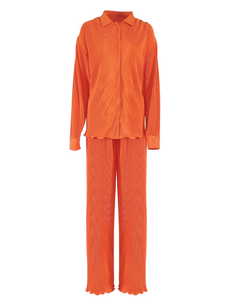 2-teilige Damen-Hosen mit weitem Bein, Anzug und drapiertes Hemd