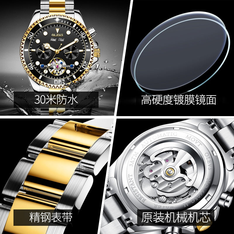 Herren Edelstahl Mechanische Uhr, Automatikuhr Luxus Wasserdichte Sport Herrenuhr