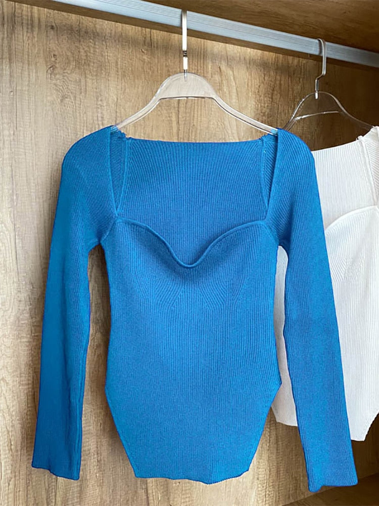 Frauen Quadratischer Kragen Langarm Pullover, gestrickter Pullover Frühling / Sommer