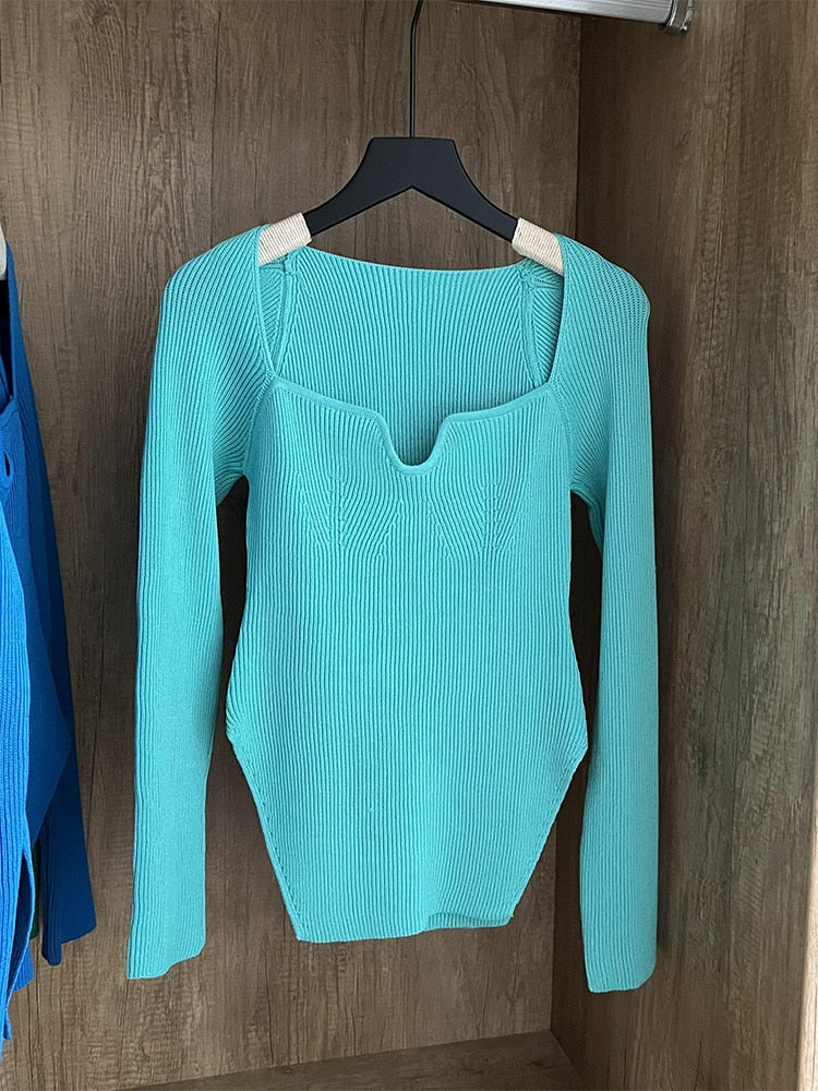 Frauen Quadratischer Kragen Langarm Pullover, gestrickter Pullover Frühling / Sommer