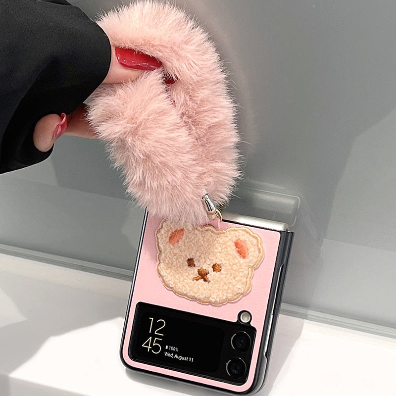 Plüsch Pink Bear passend für Samsung Galaxy zflip3 Handyhülle, Herbst- und Winterhand zflip Ring Handyhüllen