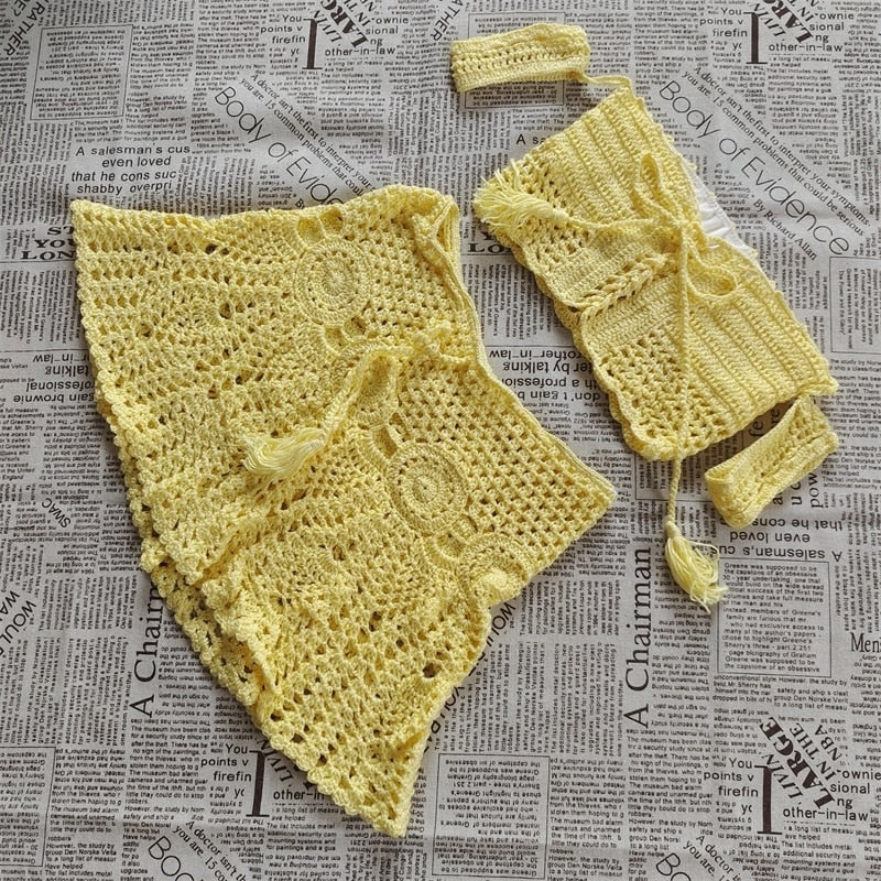 Handgestricktes Sommer Strandkleid-Set, zweiteiliges Set mit aushöhlen Crop Top Minirock