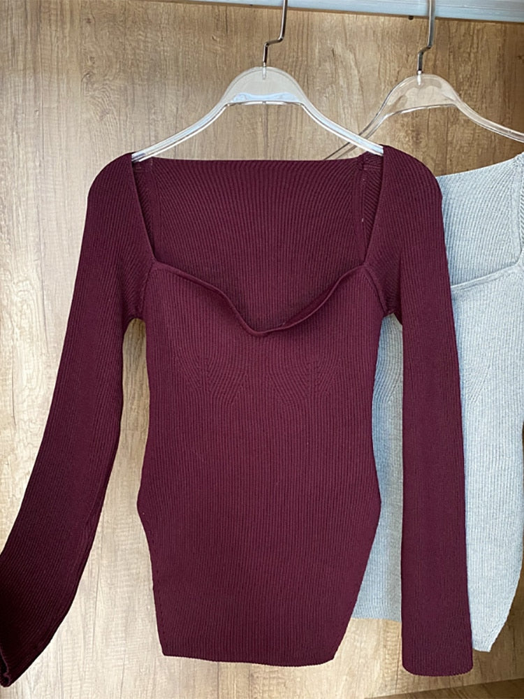 Frauen Quadratischer Kragen Langarm Pullover, gestrickter Pullover Frühling / Sommer