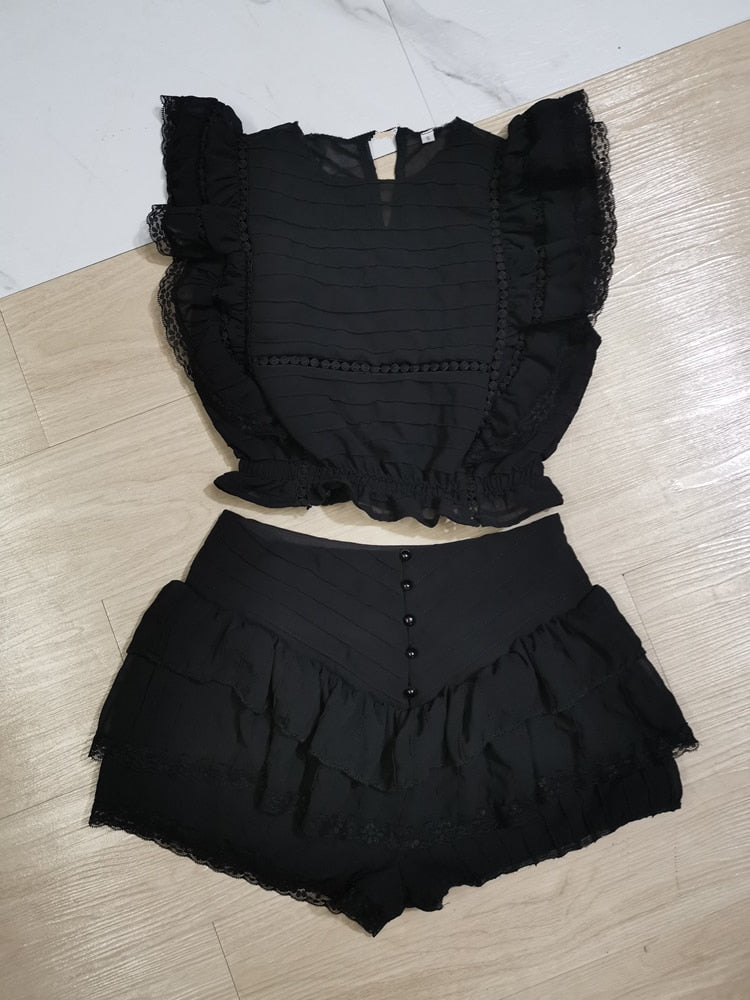 Hohe Qualität 2023 Sunday-Set elastischer Bund, Kurz geschnittenes Oberteil mit Rüschendetail und Mini-Shorts-Röcken
