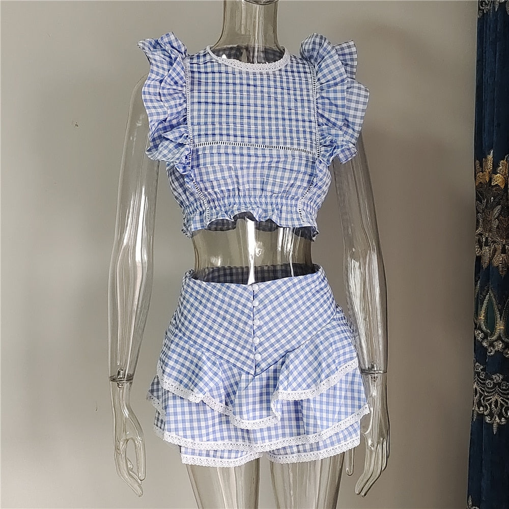 Hohe Qualität 2023 Sunday-Set elastischer Bund, Kurz geschnittenes Oberteil mit Rüschendetail und Mini-Shorts-Röcken