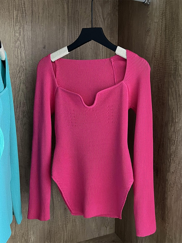 Frauen Quadratischer Kragen Langarm Pullover, gestrickter Pullover Frühling / Sommer
