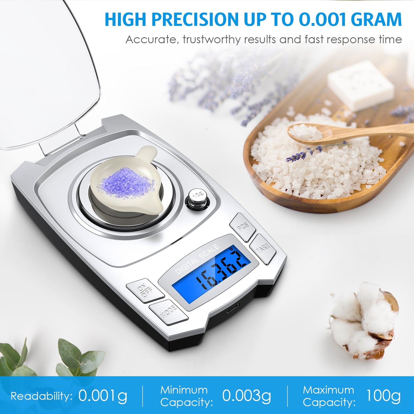 0,001 g Präzisions-Elektronikwaage 100 g / 50 g USB-Lade-Digital-Wäge-Schmuckwaage Tragbare Laborgewichts-Milligramm-Waage