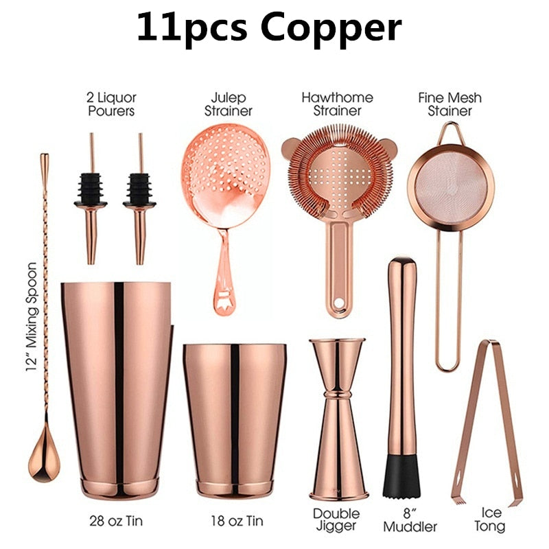 Cocktail Shaker Bar Set: 2 gewichtete Boston Shaker, Cocktail-Sieb, Jigger, Muddler und Löffel, Eiszange und 6 Flaschenausgießer