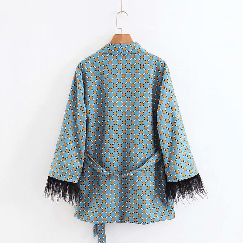 Damenanzüge, LOOSE Blau bedruckte Kimonojacke mit Federärmeln