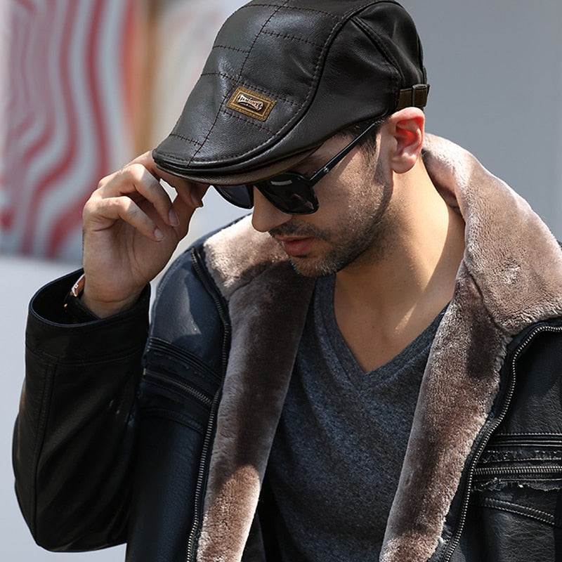 Herren Top Level Leder Newsboy Cap, Winter Herbst Warme Schiebermützen, Vintage Man Boinas Gatsby Hüte
