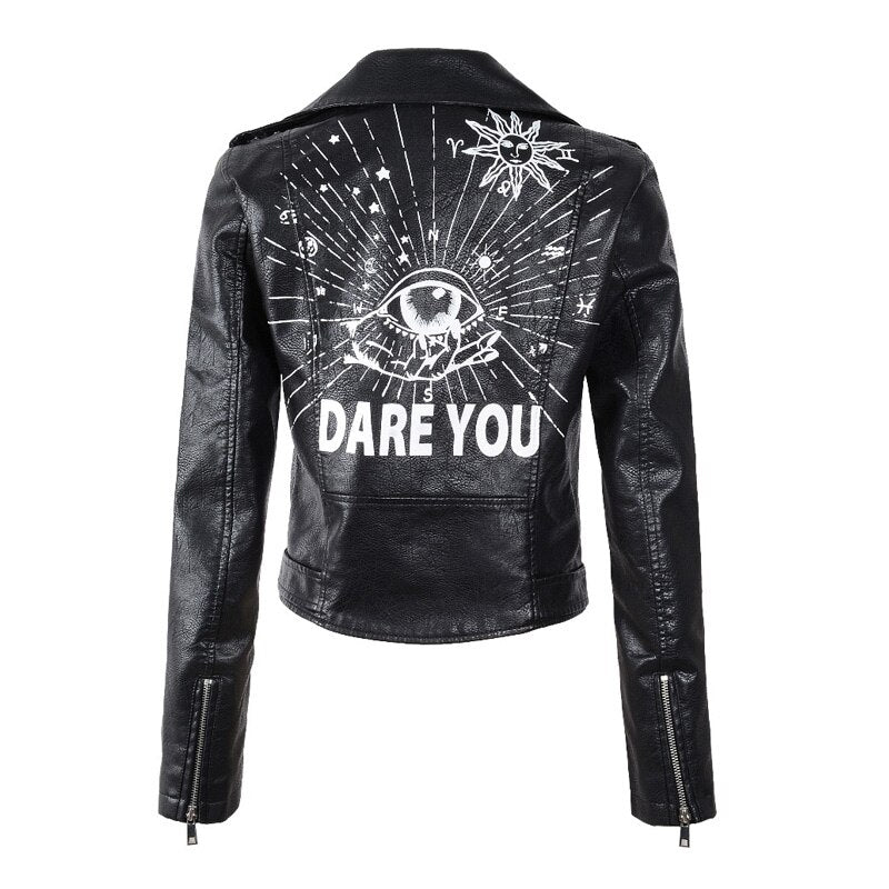 Neue Frühling Herbst Frauen Winter Kunstleder Jacken Mäntel Damen Schwarz Reißverschluss Epaulet, 3D Druck Motorrad Streetwear