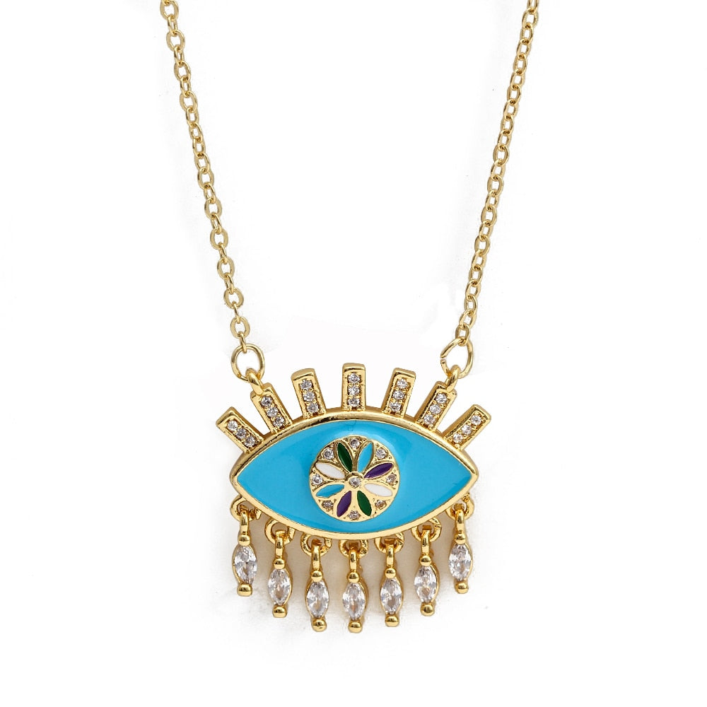 Lucky Eye Eulenherz Fatima Handpantoffeln Türkischer Böser Blick Anhänger Halskette Kupfer Goldfarbe, Langkettige Halskette für Frauen BE132