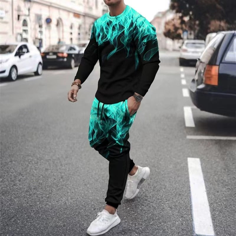Herren langarm T-Shirt mit Flamme Muster, Sommertrend mit langer Hose