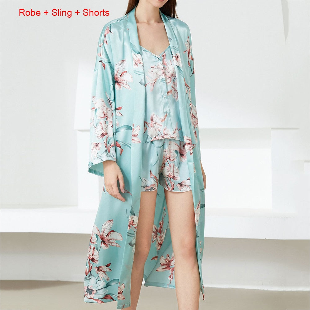 Sexy Damen Satin Kimono Kleid, Robe Anzug Nachtwäsche