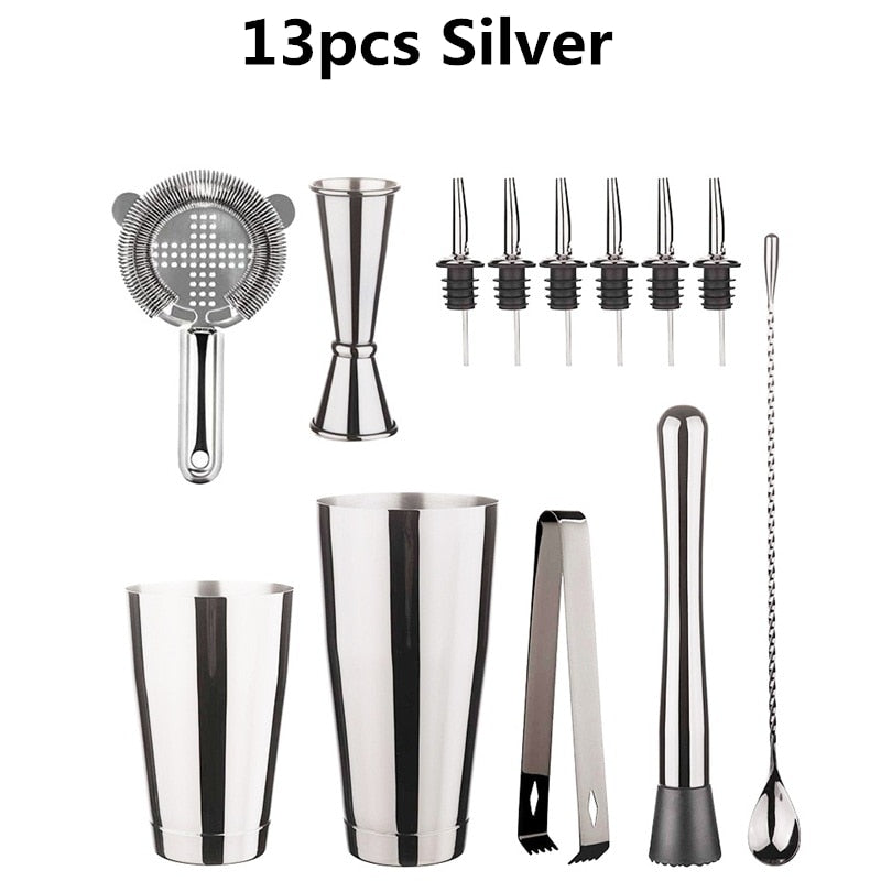 Cocktail Shaker Bar Set: 2 gewichtete Boston Shaker, Cocktail-Sieb, Jigger, Muddler und Löffel, Eiszange und 6 Flaschenausgießer