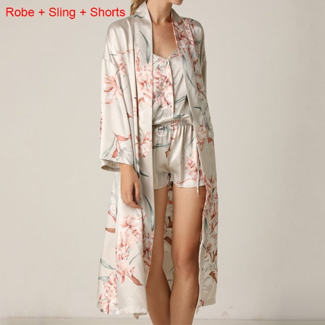 Sexy Damen Satin Kimono Kleid, Robe Anzug Nachtwäsche