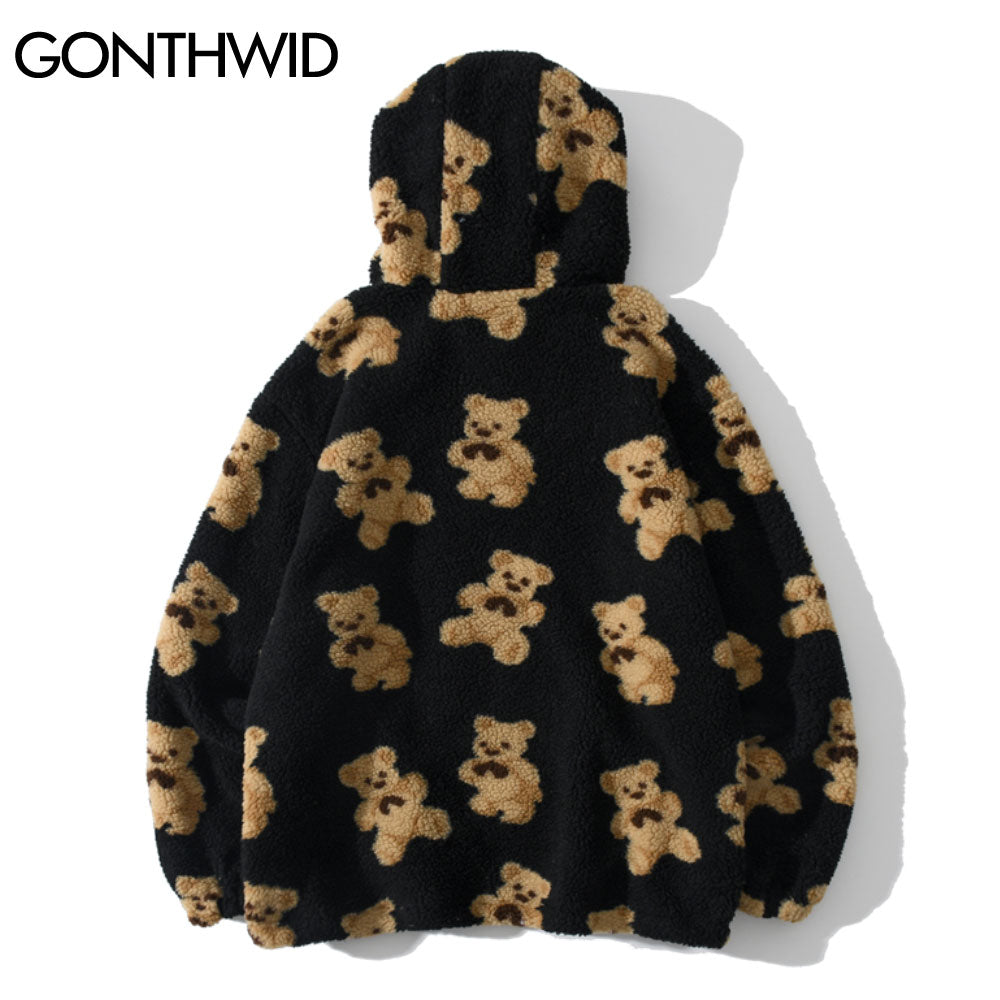 Fleece Fuzzy Kapuzen-Sweatshirt Streetwear, Hip Hop Bear Print Halber Reißverschluss Flauschige Pullover