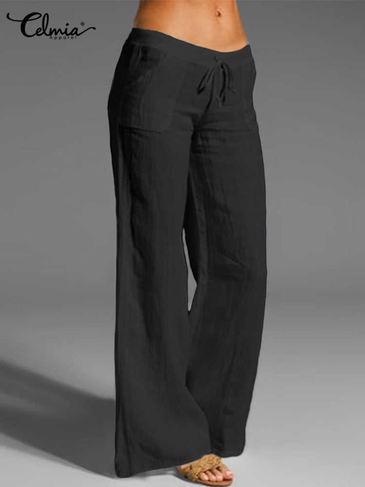 Celmia Vintage Damen Breite Bein Hose 2023, Sommer Palazzo Mode lange Hosen