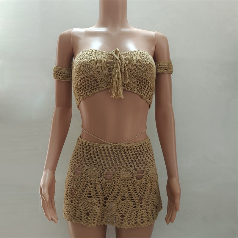 Handgestricktes Sommer Strandkleid-Set, zweiteiliges Set mit aushöhlen Crop Top Minirock