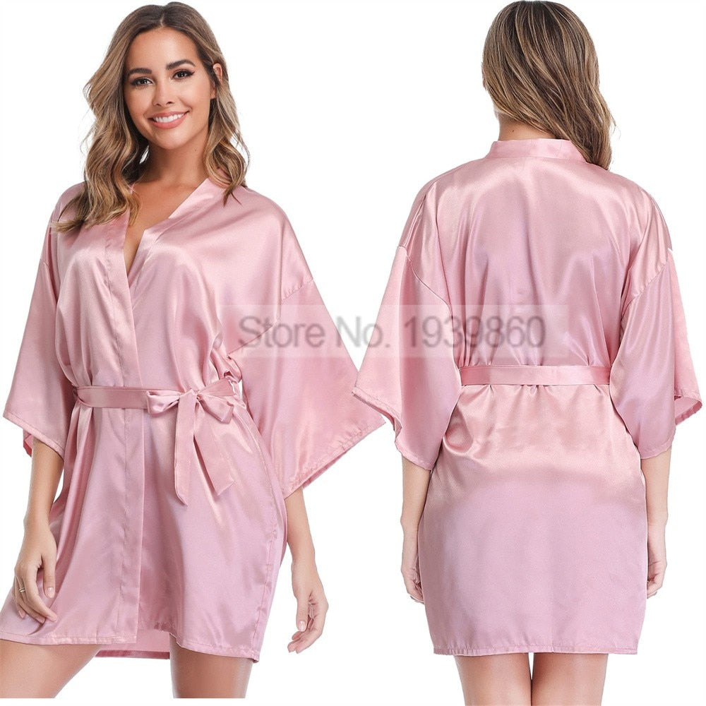 Silky Satin Women Robe Solid Color Kimono Bathrobes Home Dressing Gown Short Nightgown Summer V-Neck Sleepwear Lingerie