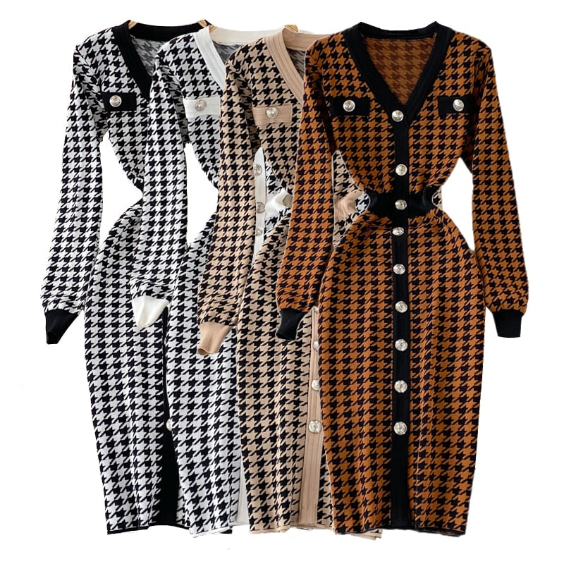 Elegante gestricktes Büro Damenkleid mit V-Ausschnitt