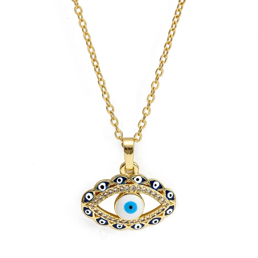 Lucky Eye Eulenherz Fatima Handpantoffeln Türkischer Böser Blick Anhänger Halskette Kupfer Goldfarbe, Langkettige Halskette für Frauen BE132