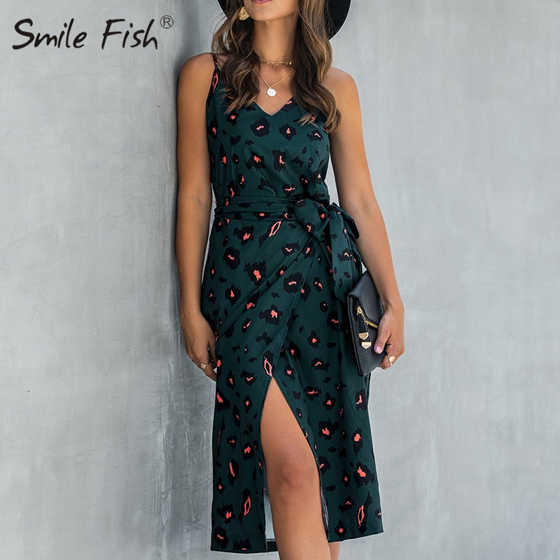 Leopard Print Damen Sommerkleid mit Sexy ärmellose Split