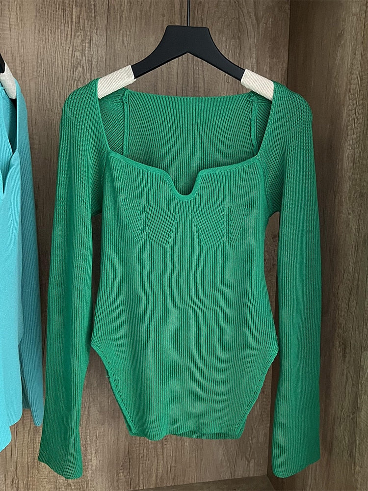 Frauen Quadratischer Kragen Langarm Pullover, gestrickter Pullover Frühling / Sommer