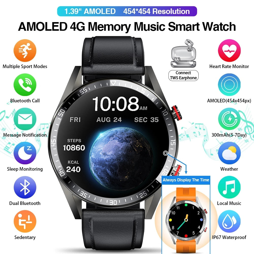 2022 neue 454 * 454-Bildschirm-Smartwatch zeigt immer die Uhrzeit an Bluetooth-Anruf, Lokale Musik-Smartwatch für Herren, Android-TWS-Kopfhörer