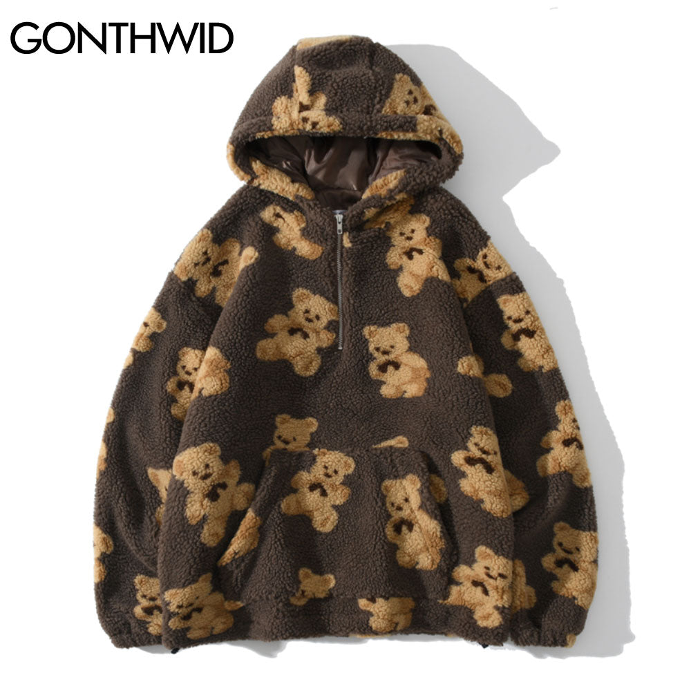 Fleece Fuzzy Kapuzen-Sweatshirt Streetwear, Hip Hop Bear Print Halber Reißverschluss Flauschige Pullover