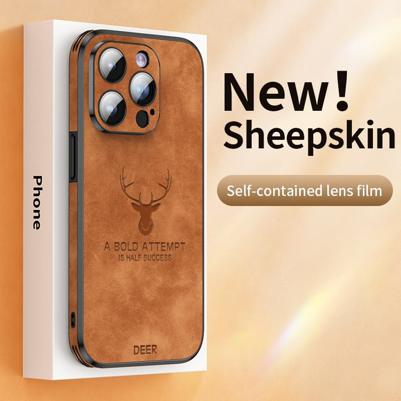 Luxus Hirsch Leder Telefon Fall Für iPhone 14, 13, 12 Pro Max Objektivglas Stoßfest Silikon Handy Abdeckung