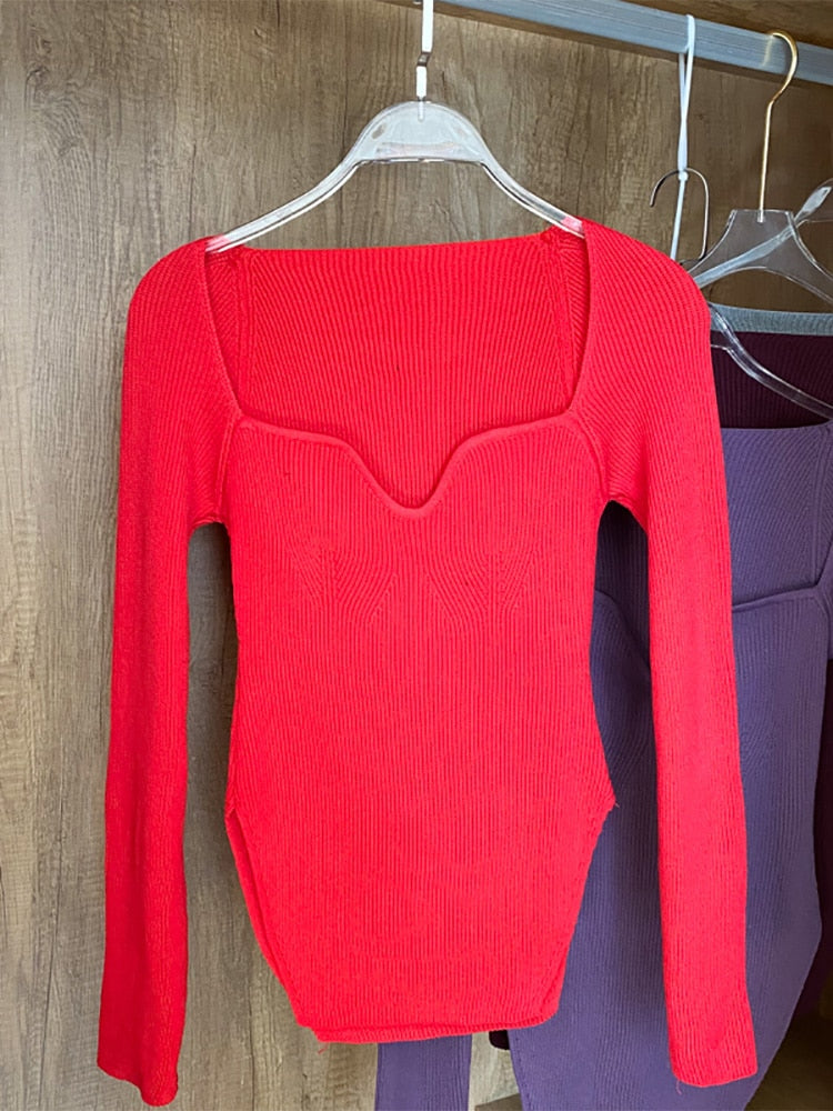 Frauen Quadratischer Kragen Langarm Pullover, gestrickter Pullover Frühling / Sommer