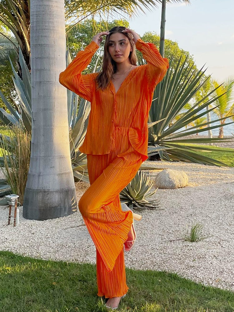 2-teilige Damen-Hosen mit weitem Bein, Anzug und drapiertes Hemd
