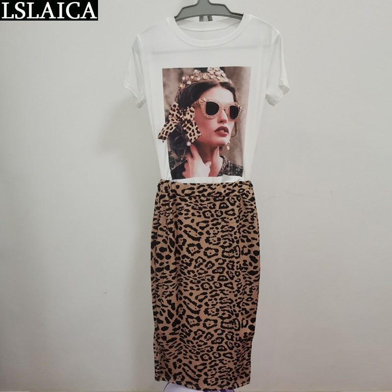 Zwei Teile Set für Damen O-Neck T Shirt& Rock Set, Fashion Leopard Print Office Frauen Set