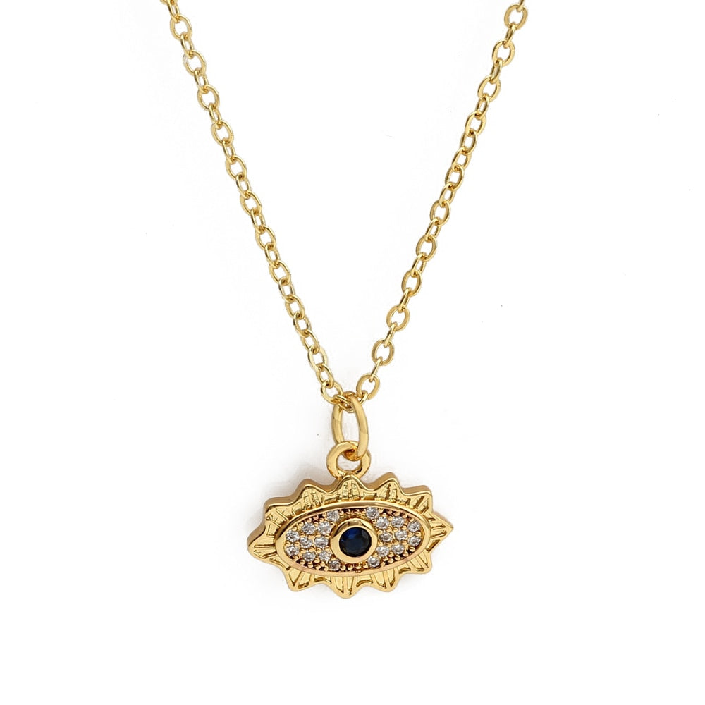 Lucky Eye Eulenherz Fatima Handpantoffeln Türkischer Böser Blick Anhänger Halskette Kupfer Goldfarbe, Langkettige Halskette für Frauen BE132