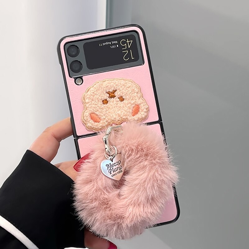Plüsch Pink Bear passend für Samsung Galaxy zflip3 Handyhülle, Herbst- und Winterhand zflip Ring Handyhüllen