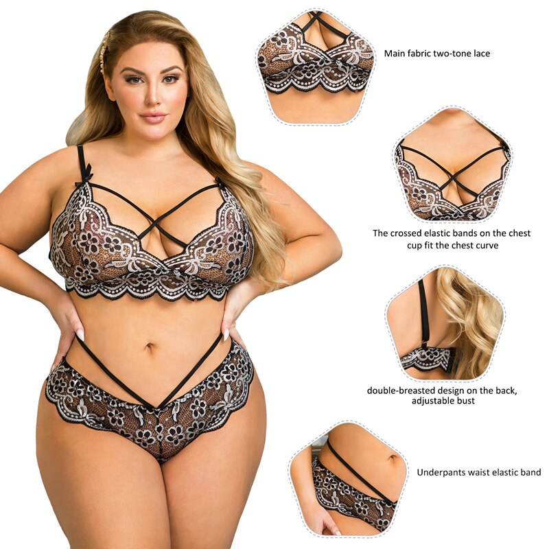 Comeondear BH-Set, Spitzen-Bralette-BH und Höschen-Set mit Kreuzgurt, Übergröße Damen-Unterwäsche-Set