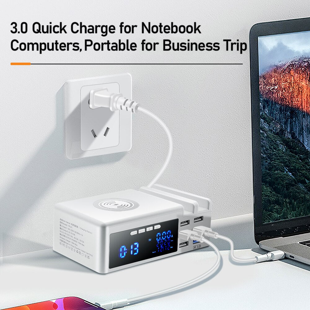 6 Ports QC3.0 USB Ladegerät mit LCD Display Ladestation, Wireless Charger, Schnellladeadapter für iPhone Xiaomi Huawei