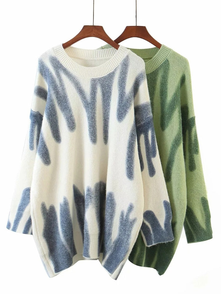 Elegant Grün Gestreift Print Pullover für Frauen