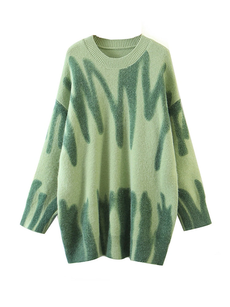 Elegant Grün Gestreift Print Pullover für Frauen